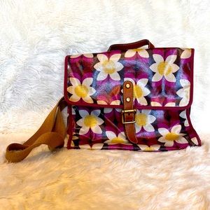 Fossil Oil Cloth Purple Floral Print Satchel Crossbody Shoulder Bag